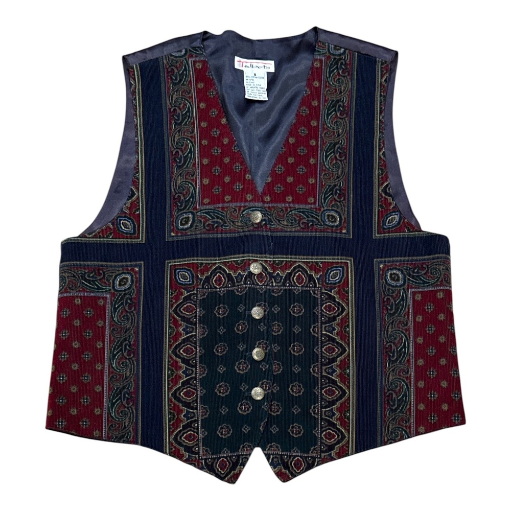 Vintage Talbots Corduroy Vest S Red Navy Paisley Medallion Button Up USA Made